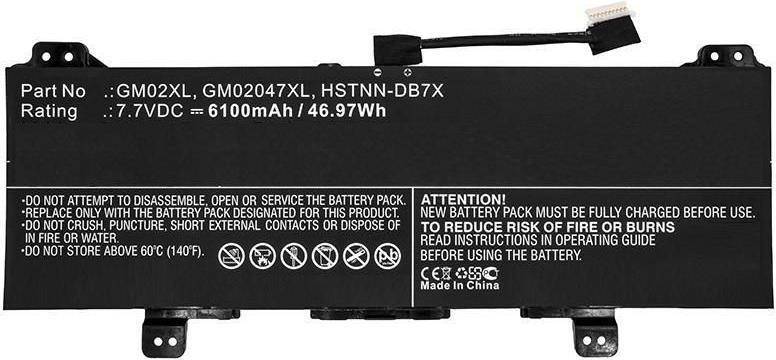 6100-mAh-/46,97-Wh-Akku. Warnung: Nur das angegebene Ladegerät verwenden. Nicht dem Feuer aussetzen. Anleitung lesen. Hergestellt in China.