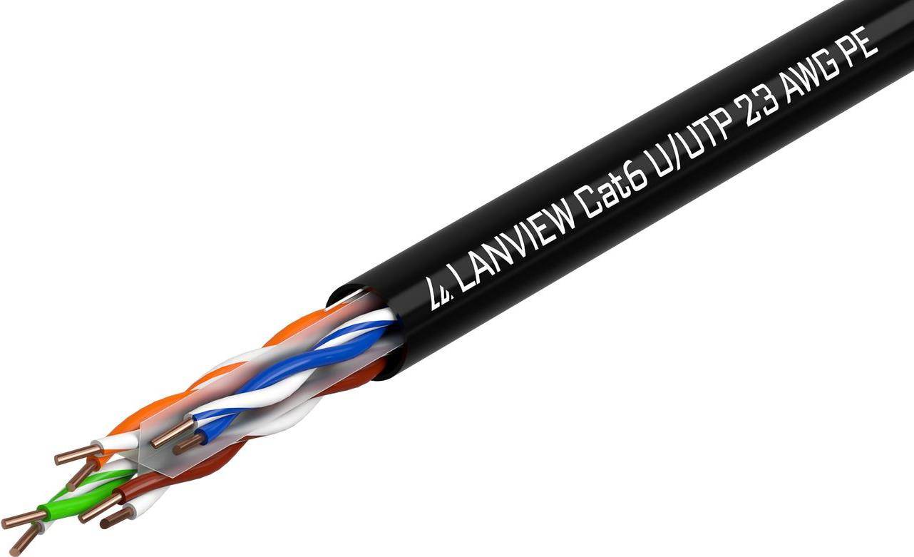Ein schwarzes CAT6 U/UTP LAN-Kabel mit verdrillten orangefarbenen, blauen und weißen Drähten, gekennzeichnet mit „LANVIEW Cat6 U/UTP