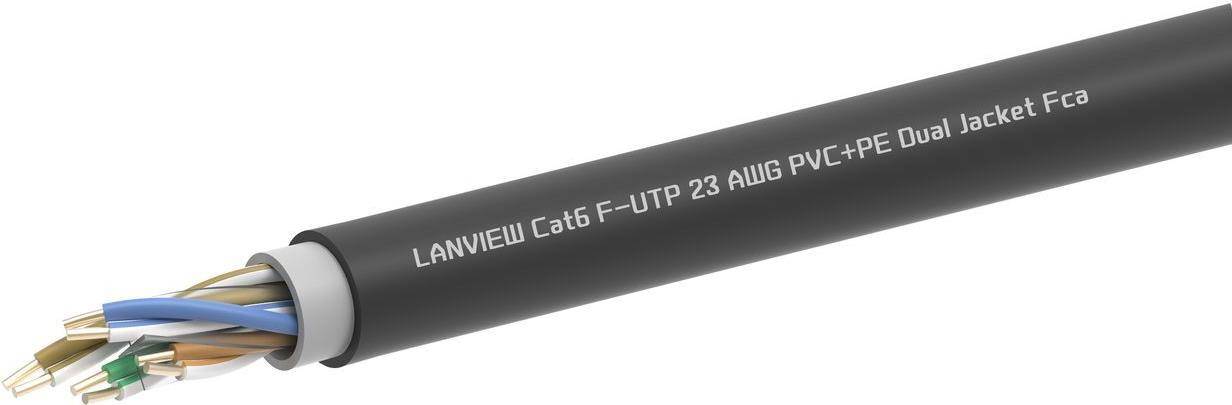 Ein schwarzes LAN-Kabel mit der Bezeichnung „LANVIEW Cat6 F-UTP 23 AWG PVC