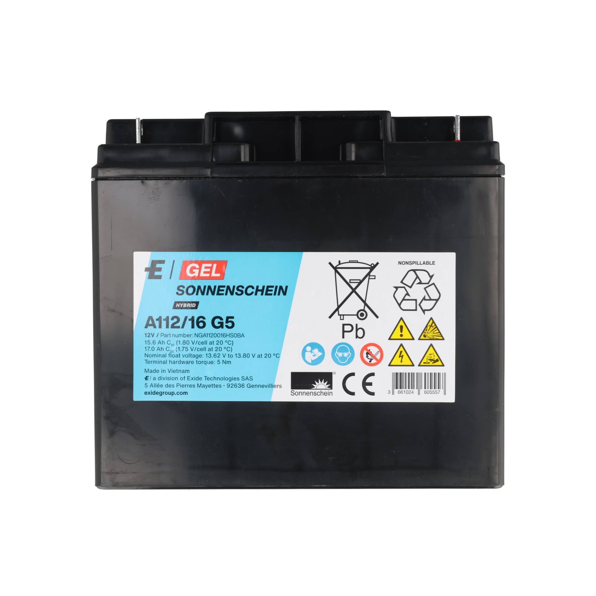 Sonnenschein Blei-Akku A112/16 G5 Gel – 12 V / 17 Ah Longlife VRLA Akku mit M5 Schraubanschluss
