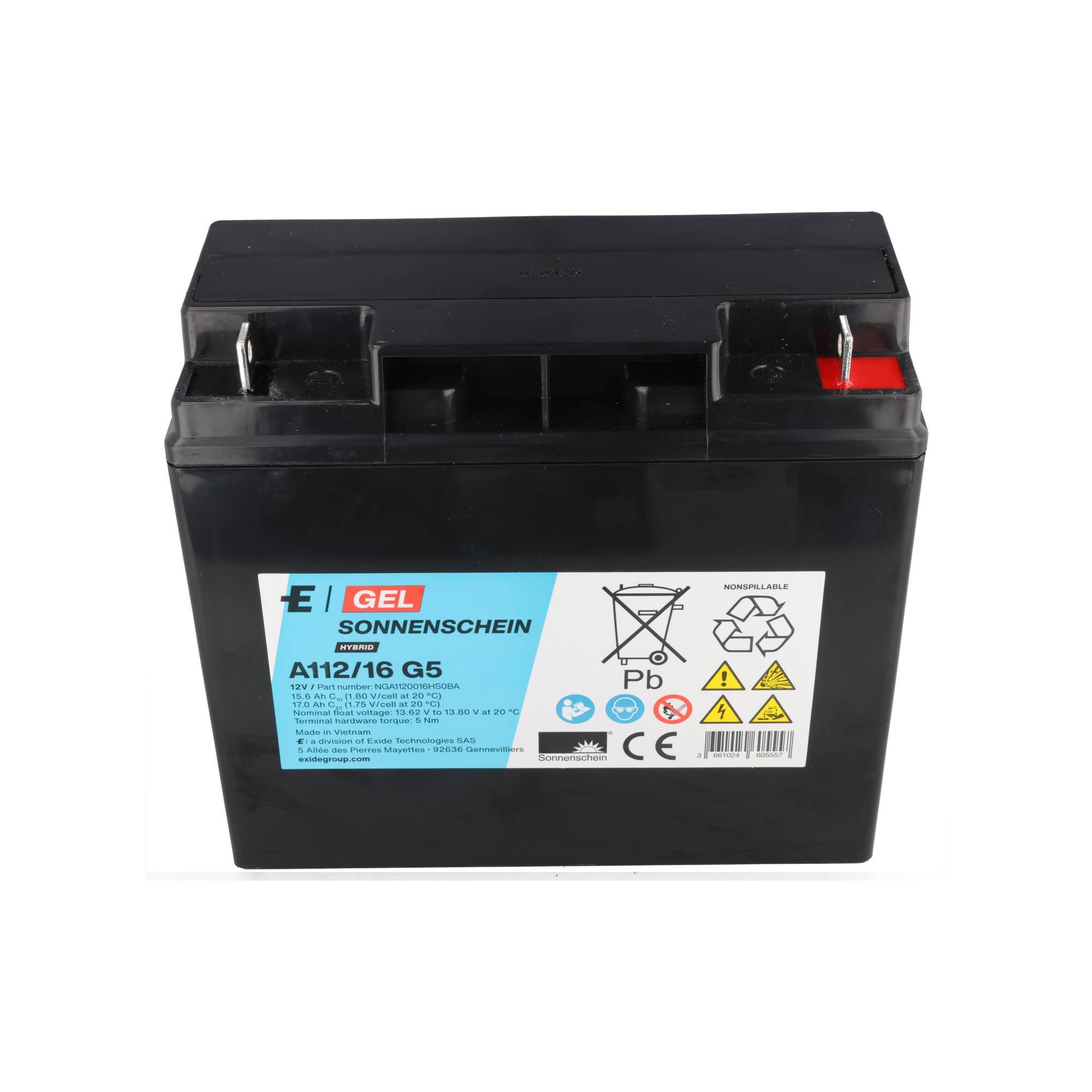 Sonnenschein Blei-Akku A112/16 G5 Gel – 12 V / 17 Ah Longlife VRLA Akku mit M5 Schraubanschluss