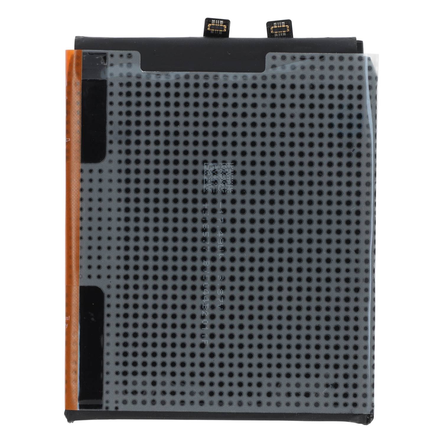 Eine rechteckige Lithium-Ionen-Batterie mit Anschlüssen oben und einem schwarz-orangenen Gehäuse, das in elektronischen Geräten verwendet wird.
