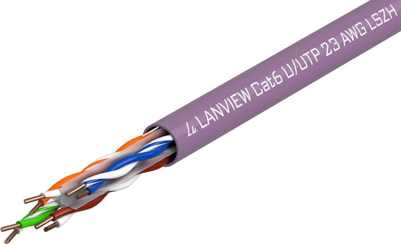 Nahaufnahme eines violetten Cat6 U/UTP-LAN-Kabels mit sichtbaren inneren verdrillten Drähten.