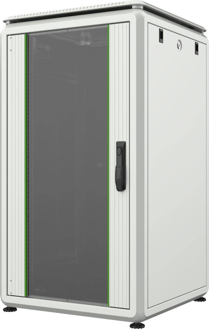 Eine Nahaufnahme einer modernen Tür mit einem vertikalen, dunkel getönten Glaspaneel und einem stromlinienförmigen schwarzen Griff, umrahmt von weißen Paneelen und grüner Einfassung.