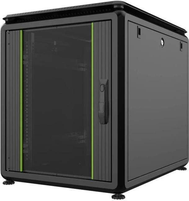Schwarzes Serverrack mit grünen Akzenten, mit Glastür und sicherem Schlossmechanismus.