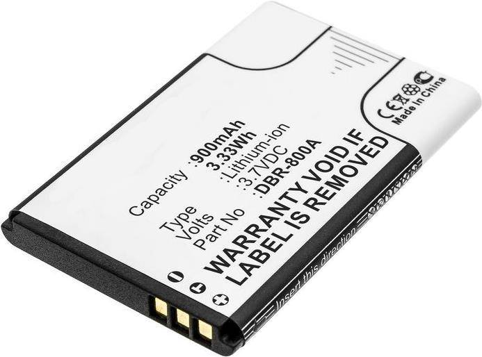 „Ein kleiner Lithium-Ionen-Akku mit der Bezeichnung 900mAh, 3,33Wh, 3,7V, Teilenummer D-800-9A, mit einem Warntext, dass die Garantie erlischt, wenn das Etikett entfernt wird.