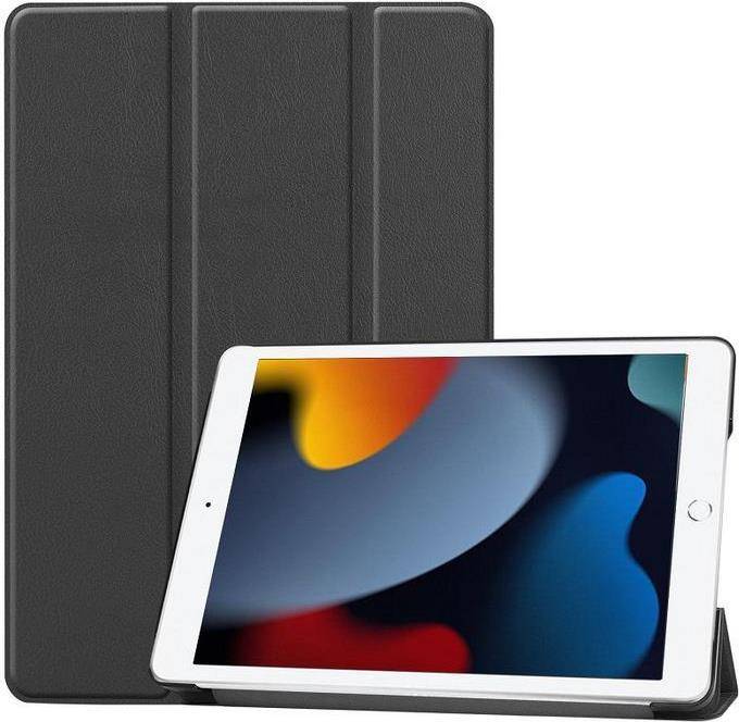 Ein Tablet mit einem farbenfrohen abstrakten Bildschirm lehnt an einem geschlossenen schwarzen Folio-Etui, angezeigt auf einer grauen Oberfläche.