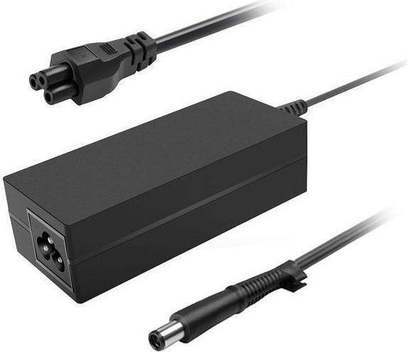 Ein schwarzer Laptop-Stromadapter mit zwei Kabeln, eines mit einem dreipoligen Stecker und das andere mit einem runden Anschluss für elektronische Geräte.