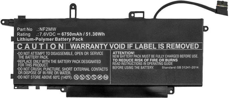 Ein schwarzes Akku-Pack mit weißem Text warnt: „GARANTIE ERLISCHT BEI ENTFERNUNG DES ETIKETTS