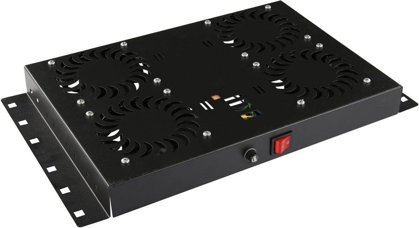 Ein schwarzes Metallgerät mit mehreren kreisförmigen Lüftungsmuster und Schrauben, das einen roten Schalter und ein kleines Bedienfeld auf einer Seite aufweist.