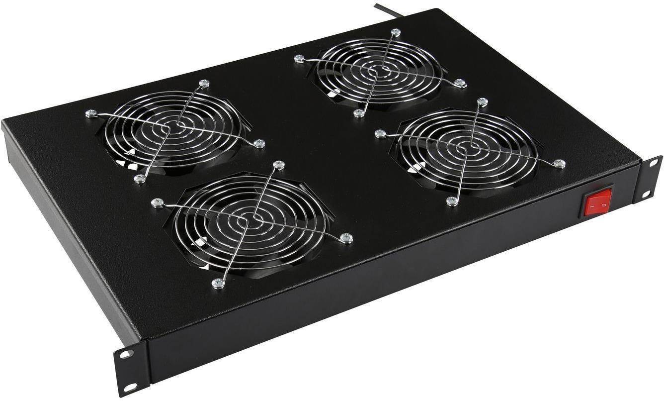 Eine schwarze rechteckige Kühlanlage mit vier gleichmäßig verteilten Metalllüftern, von denen jeder durch ein Schutzgitter abgedeckt ist und für elektronische Geräte konzipiert wurde.