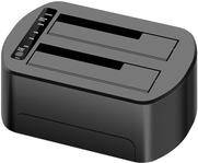 Eine schwarze Dual-Bay-Festplattendockingstation, die zum gleichzeitigen Anschluss und Zugriff auf zwei Festplatten zum Datentransfer oder zur Sicherung ausgelegt ist.