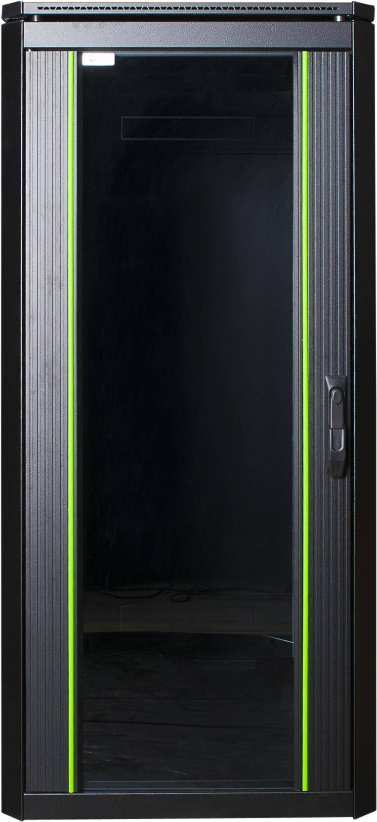 Ein schwarzes Serverrack mit Glastür und grüner Verzierung, mit einem Griff auf der rechten Seite.