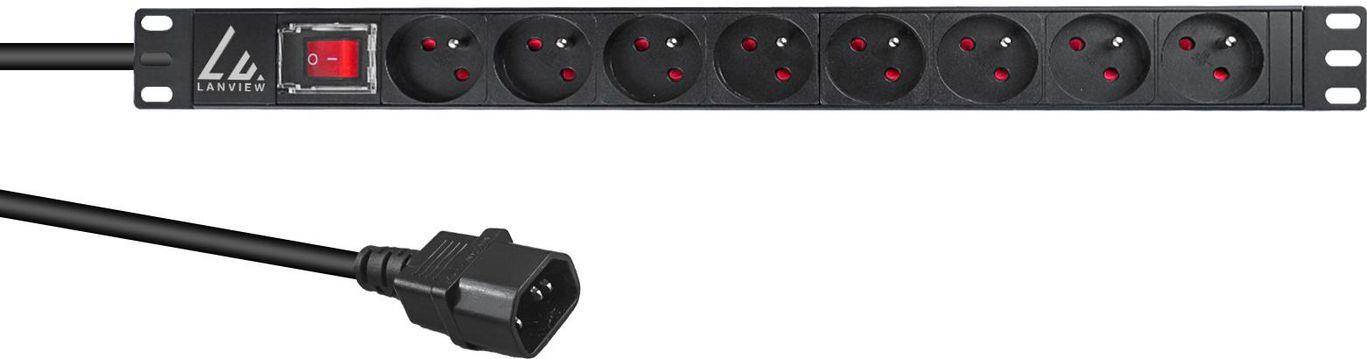 Eine Steckdosenleiste mit vier runden Steckdosen und einem IEC-C14-Stecker, die häufig zum Anschluss mehrerer elektronischer Geräte an eine einzelne Stromquelle verwendet wird.