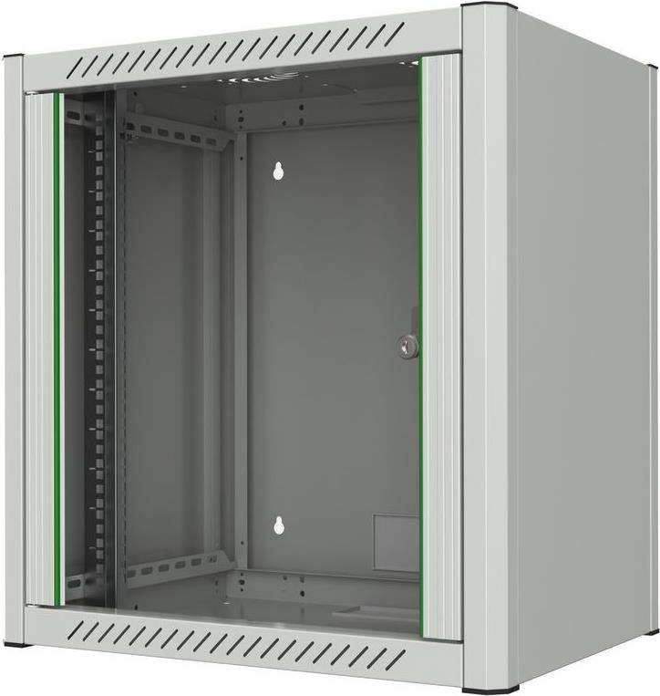 Ein grauer Server-Rack-Schrank mit einer Glastür an der Vorderseite, auf einer Seite offen, mit mehreren Schächten für elektronische Ausrüstung.