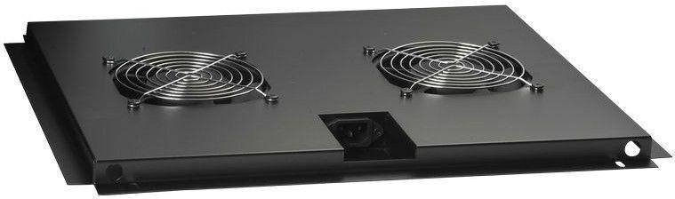 Ein schwarzes rechteckiges Gerät mit zwei Metalllüftungsventilen oben und einer Stromeingangsbuchse an der Seite, das zur Belüftung oder Kühlung verwendet wird.