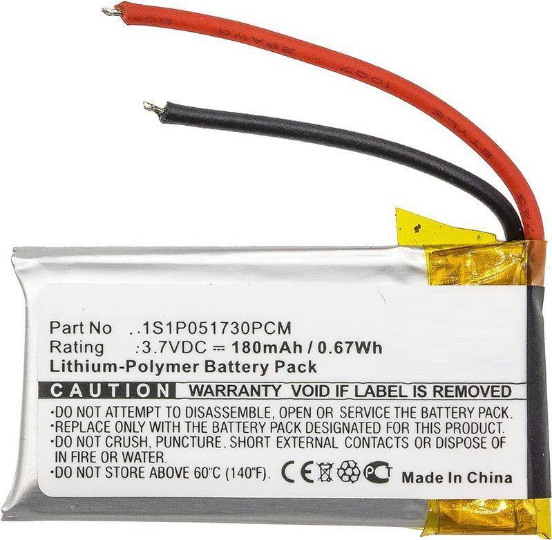 Lithium-Polymer-Akkupack mit einer Spannung von 3,7V und einer Kapazität von 180mAh. Warnung: nicht auseinandernehmen oder hohen Temperaturen aussetzen.