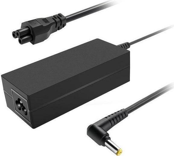 Ein schwarzer rechteckiger Laptop-Stromadapter mit einem dreipoligen Stecker an einem Ende und einem gelb gefärbten zylindrischen Stecker am anderen Ende.