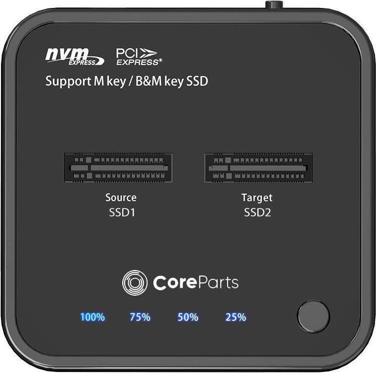 CoreParts SSD-Dupliziergerät mit LED-Indikatoren, unterstützt M-Key und B&M-Key SSDs. Verfügt über Steckplätze für Source SSD1 und Target SSD2.