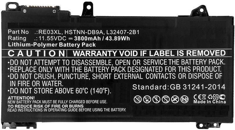 Schwarzer Laptop-Akku mit 3800mAh/43,8Wh Kapazität. Modell: HS04, 14,8V. Das Warnschild weist vor Zerlegung und Temperaturgrenzwerten ab.