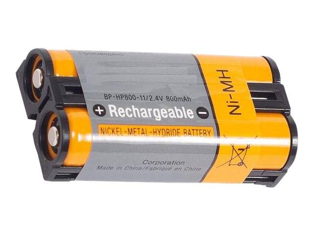 Zwei wiederaufladbare Ni-MH-Batterien zusammen verpackt in einem Kamerabatteriepack mit der Bezeichnung „BP-HP80D-II/2,4V 600mAh