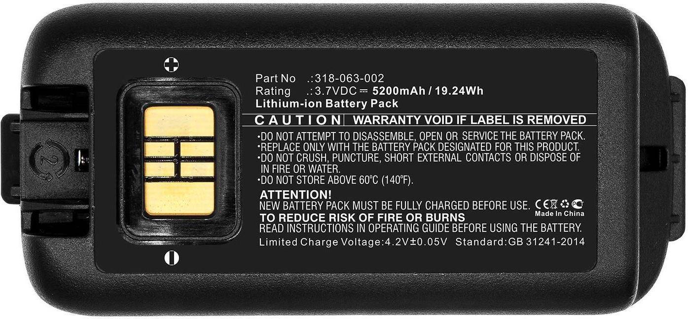 Batteriepaket-Etikett: Teilenummer: 318-063-002, Nennwert: 3,7VDC, 5200mAh / 19,24Wh, Lithium-Ionen. Vorsicht: Ungültig, wenn Etikett entfernt wird. Nicht zerquetschen. Brandrisiko.