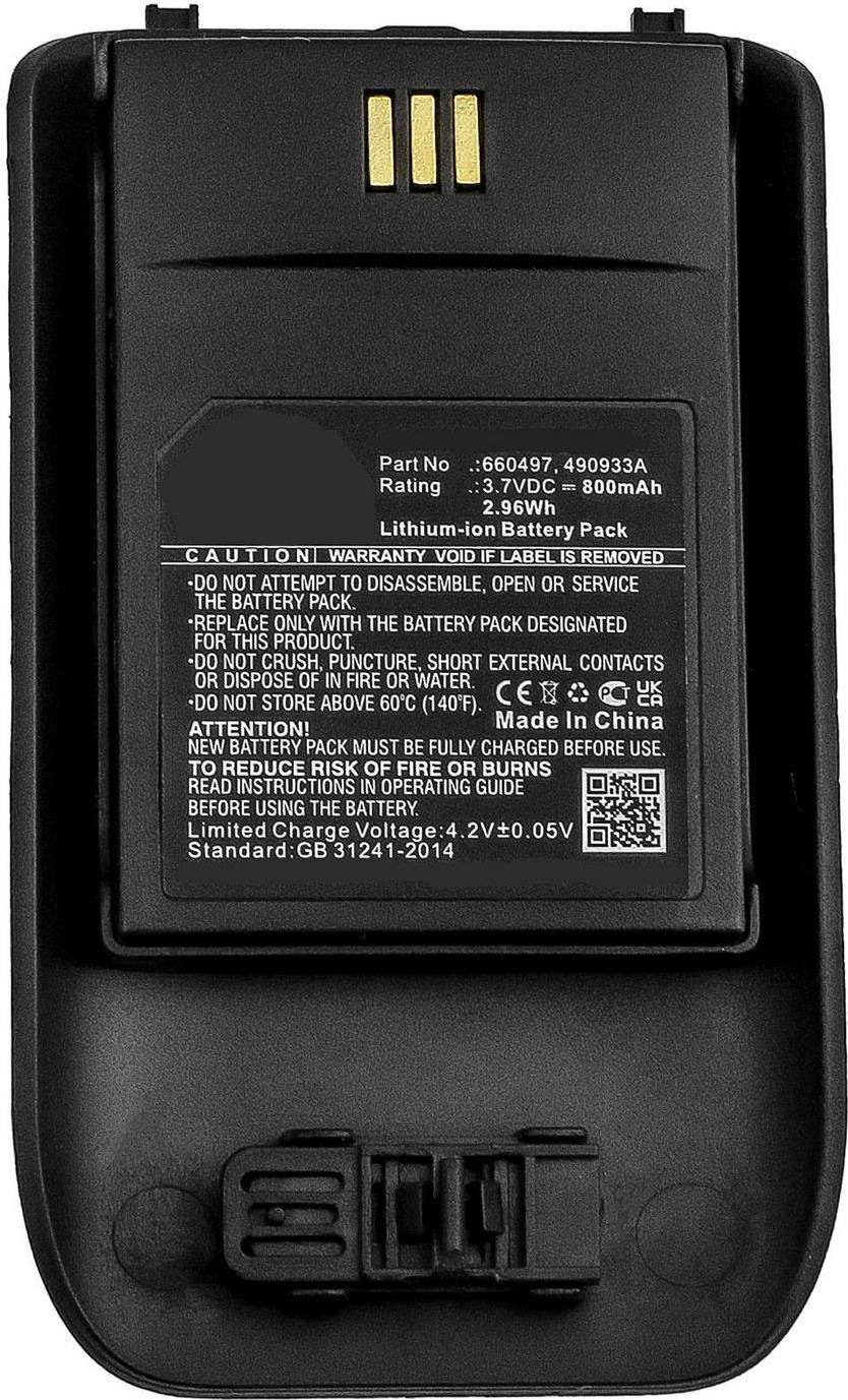 Batterieetikett mit Spezifikationen: 660497, 490933A, 3,7V, 0,80A, 2,96Wh. Warnung: Nicht auseinandernehmen oder zerquetschen. Hergestellt in China.
