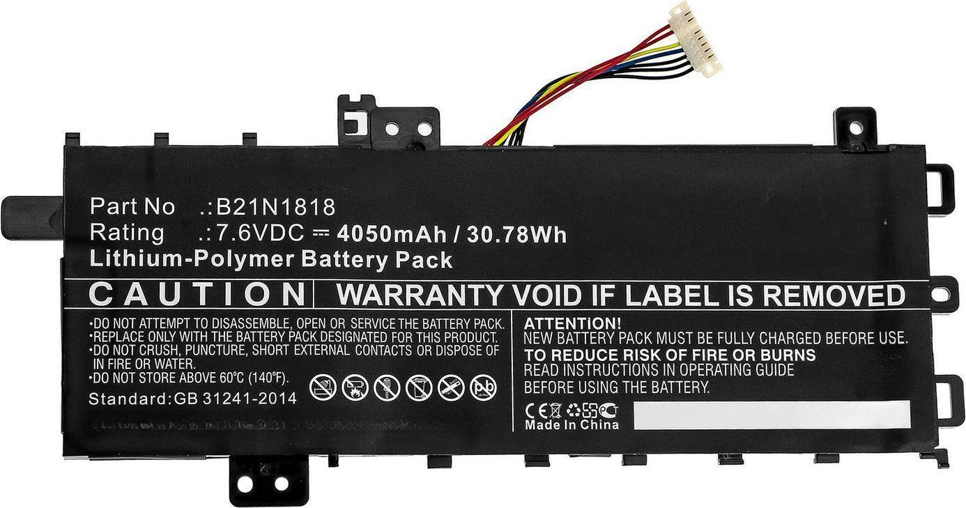 „Polymer-Batterieset mit 7,6 V DC, 4050 mAh, 30,78 Wh. Warnung: Garantie erlischt bei Manipulation. Hergestellt in China. Sicherheitsanweisungen beachten.