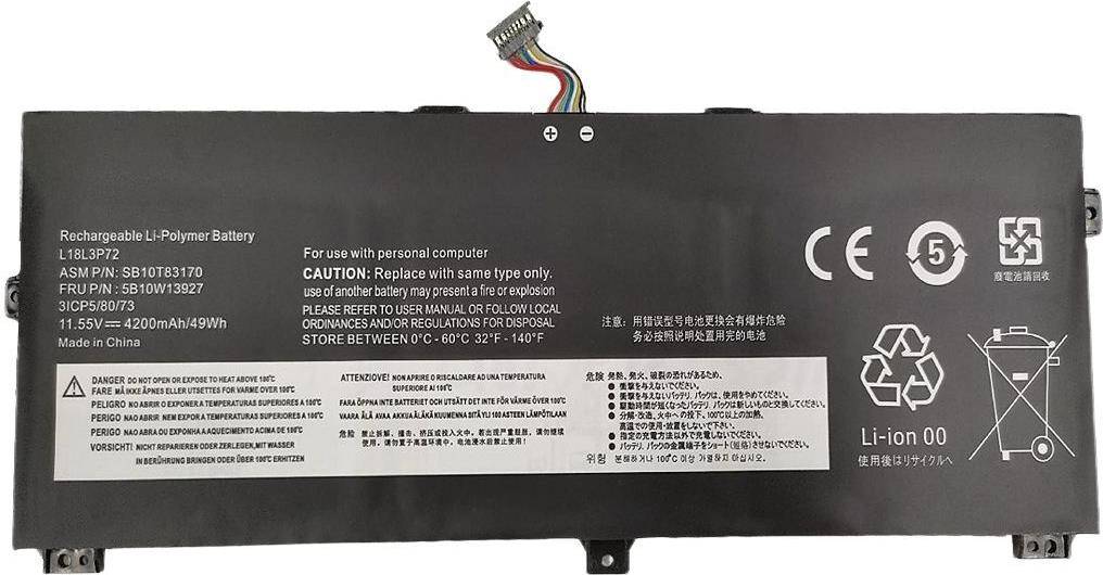 Eine schwarze Lithium-Ionen-Batterie für einen Computer mit mehrsprachigen Sicherheitsanweisungen, die vor dem Austausch warnen – nur mit dem gleichen Typ austauschen.
