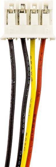 Vier farbige Drähte: schwarz, gelb, gelb mit rot und rot, jeweils mit unterschiedlichen Beschriftungen gekennzeichnet, die auf Verwendung oder Ursprung hinweisen.