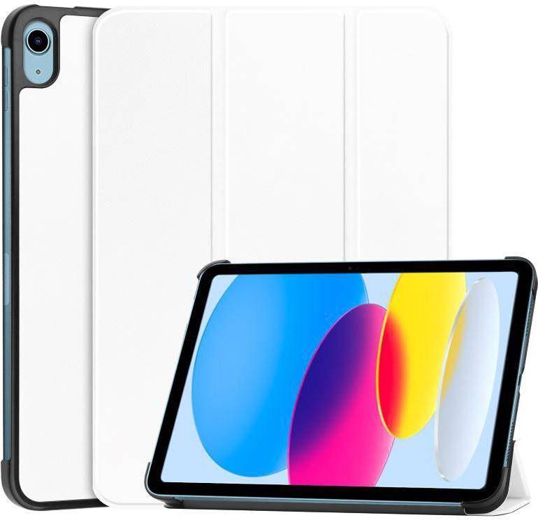 Ein Tablet mit lebendigem Display, auf dem abstrakte Formen in Blau, Rosa und Gelb dargestellt sind, aufrecht auf einem Tisch mit weißer Schutzhülle platziert.