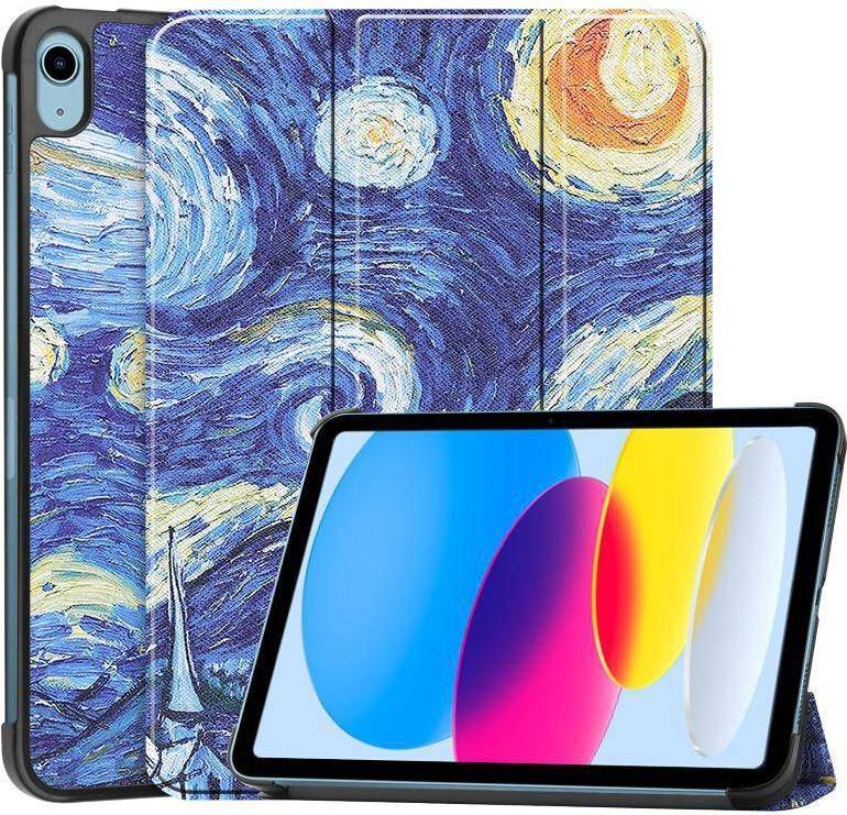 Ein Tablet mit einem farbenfrohen abstrakten Bildschirm wird vor einer Schutzhülle mit einem von 