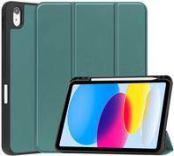 Ein Tablet mit grünem Klappcover steht hinter einem bunten Bildschirm, auf dem abstrakte Formen in Blau, Rosa und Gelb angezeigt werden.