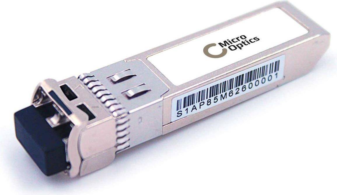 Ein silberner und weißer SFP-Transceiver mit der Marke „Micro Optics