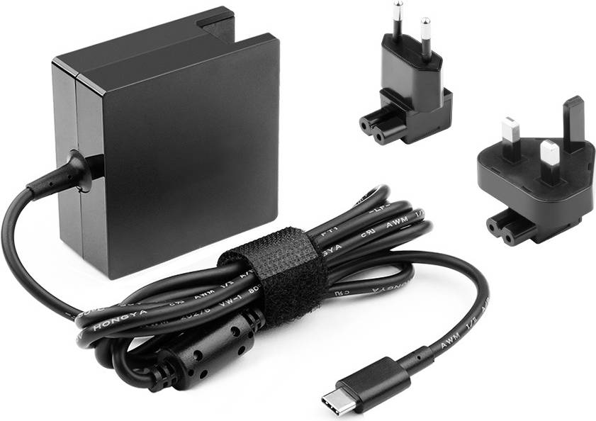 Schwarzer Stromadapter und Ladekabel mit Stecker und USB-C-Anschluss, geeignet für verschiedene elektronische Geräte.