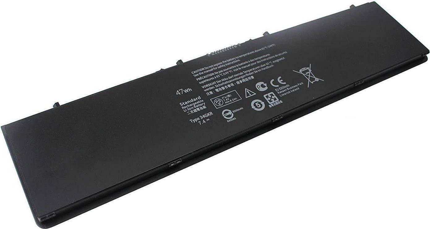 Schwarzer Laptop-Akku mit Sicherheits- und Spezifikationsetiketten, einschließlich Kapazität von 47 Wh, Normenanforderungen, Recycling-Symbol und Vorsichtsanweisungen.