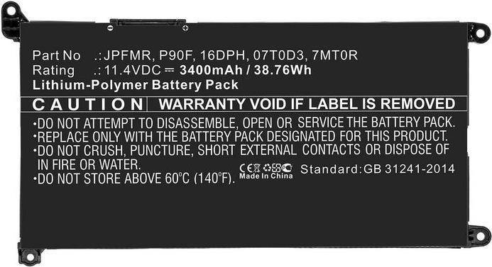 Akku-Pack-Etikett mit Spezifikationen: 3,7V, 3400mAh, 38,76Wh. Enthält Garantie und Sicherheitswarnungen, „Made in China
