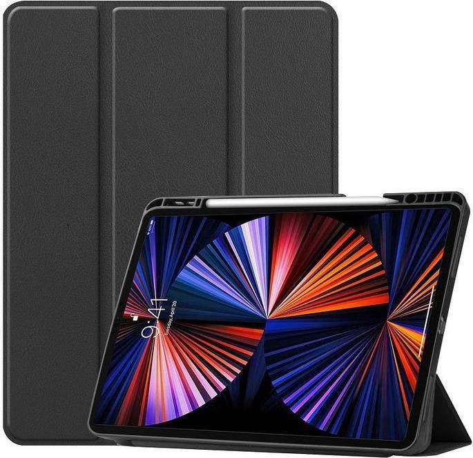 Ein Tablet mit lebendigen, abstrakten Farben auf dem Bildschirm liegt gegen eine schwarze Schutzhülle gelehnt. Ein weißer Stift ruht auf der oberen Kante des Tablets.