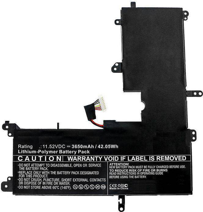 Laptop-Akku mit schwarzem Gehäuse, Anschlussleitung und Warnaufklebern. Gibt 11,52V, 3650mAh, Lithium-Polymer an, mit Sicherheitswarnungen.