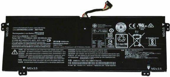 Laptop-Akku mit Sicherheitssymbolen, Spannungs- und Kapazitätsangaben, verschiedenen Warnetiketten und Recycling-Symbolen.