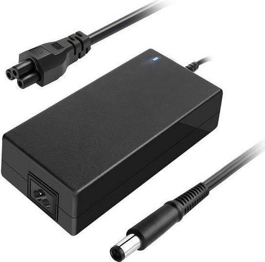 Ein schwarzer Laptop-Netzteil mit zwei Kabeln: eines mit einem dreipoligen Stecker und das andere mit einem zylindrischen Stecker.