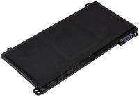 Eine schwarze rechteckige Laptop-Batterie von oben betrachtet, mit einem einfachen Design und zwei sichtbaren Anschlüssen auf einer Seite.