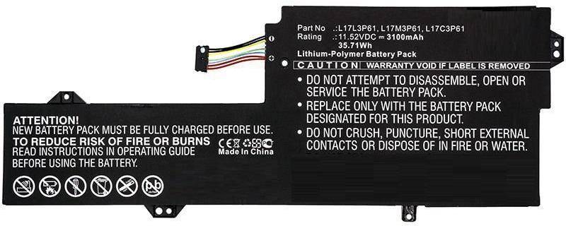 Batterieetikett mit Teilenummer L17L3P61, Spannung 11,52V, Kapazität 35,7Wh. Vorsichtsmaßnahmen beinhalten kein Zerquetschen oder Verbrennen und nur Verwendung von designierten Ladegeräten.