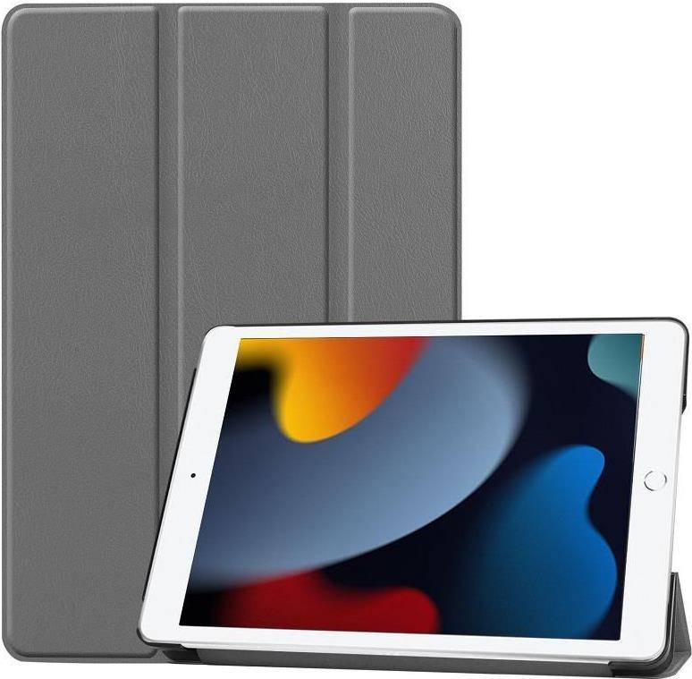 Ein Tablet mit einem bunten abstrakten Design auf dem Bildschirm, teilweise in einer dunkelgrauen Schutzhülle eingeschlossen.
