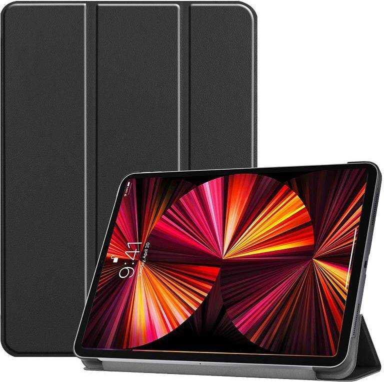 Ein Tablet, das auf seinem Bildschirm ein lebendiges abstraktes Muster anzeigt, wird durch eine schwarze Dreieck-Schutzhülle gestützt, die seine Schutzfunktion unterstreicht.
