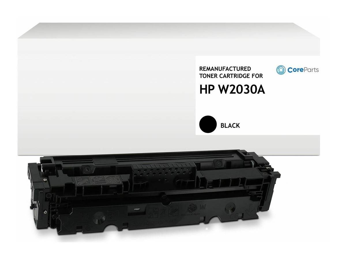 Wiederaufbereitete schwarze Tonerkartusche für HP W2030A, abgebildet vor ihrer CoreParts-Verpackung.