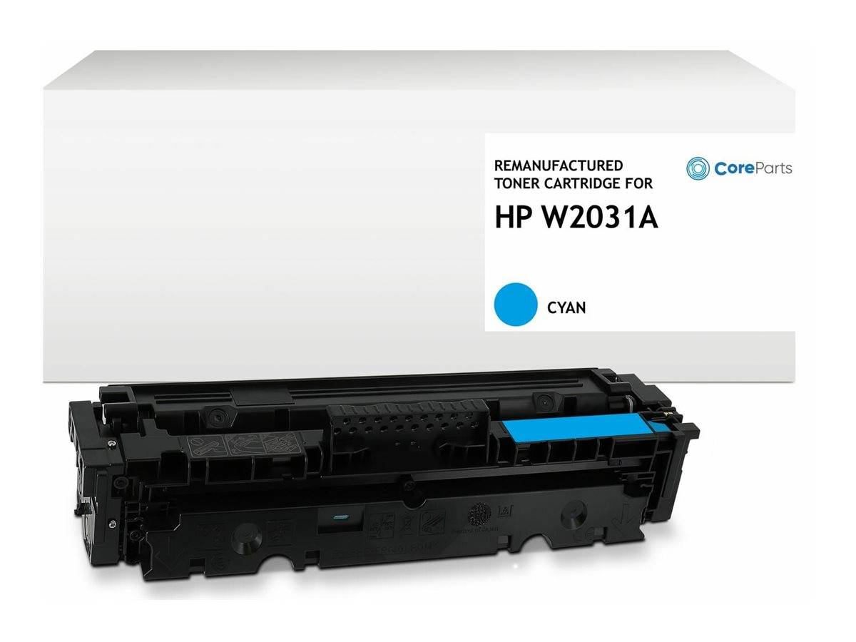 Produktbild einer erneuerten HP W2031A Cyan-Tonerkartusche von CoreParts, dargestellt mit ihrer weißen Originalverpackung.