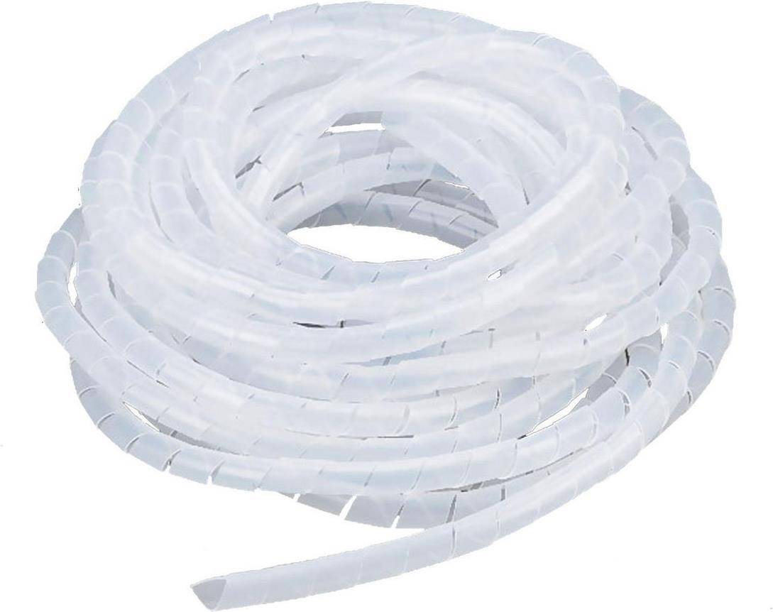 Aufgewickelte weiße Spiralkabelschutzmanschette, entwickelt zur effizienten Organização und zum Schutz mehrerer Kabel.