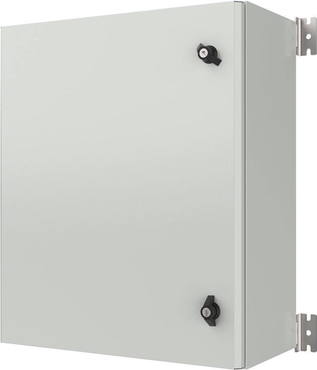 Ein graues Metallgehäuse mit zwei schwarzen Verschlüssen an der Vorderseite, das zur Aufbewahrung und zum Schutz von Elektrokomponenten verwendet wird.