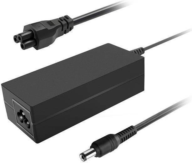 Ein schwarzer Laptop-Stromadapter mit einem dreipoligen Stecker an einem Ende und einem zylindrischen Stecker am anderen Ende.
